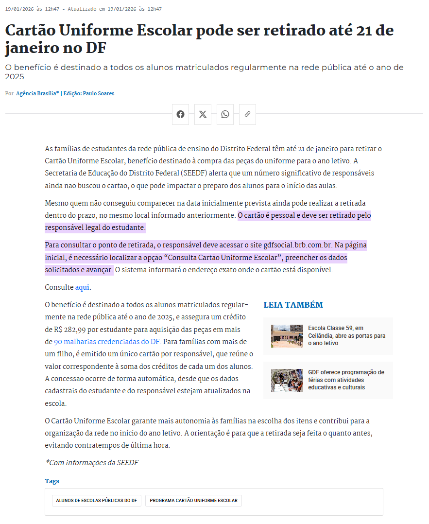 Cartão Uniforme Escolar pode ser retirado até 21 de janeiro no DF