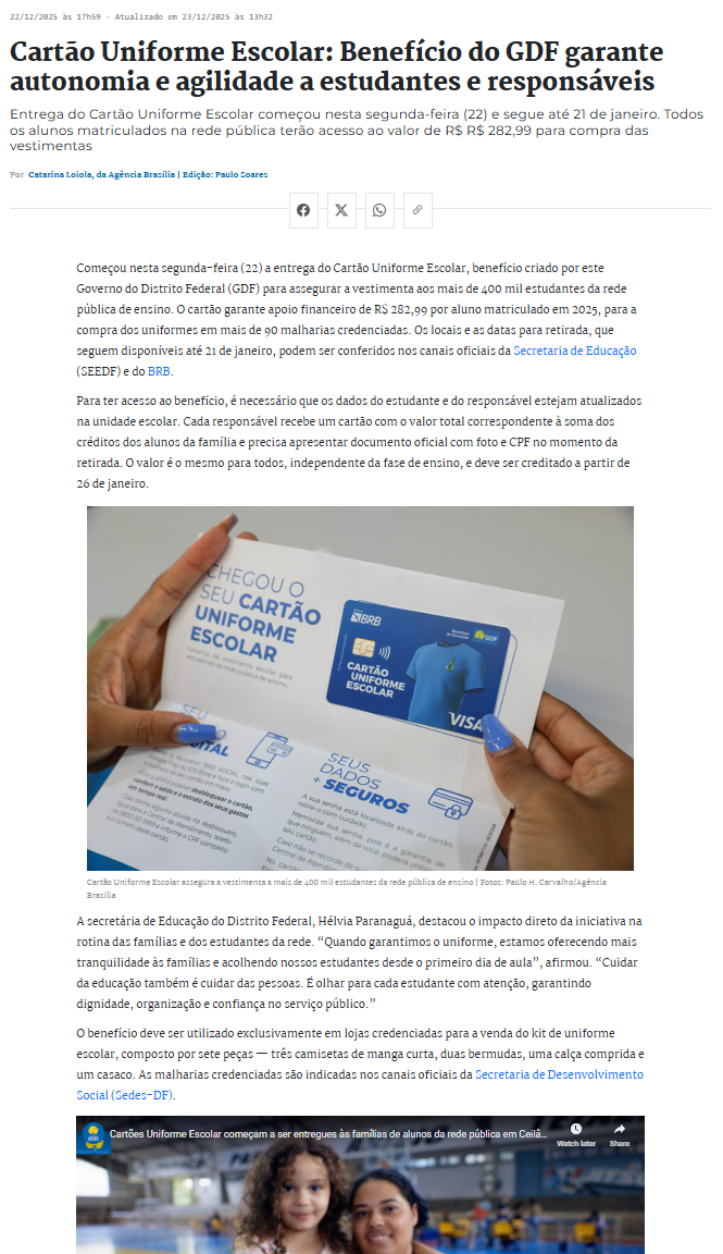 Cartão Uniforme Escolar benefício do GDF garante autonomia e agilidade a estudantes e responsáveis
